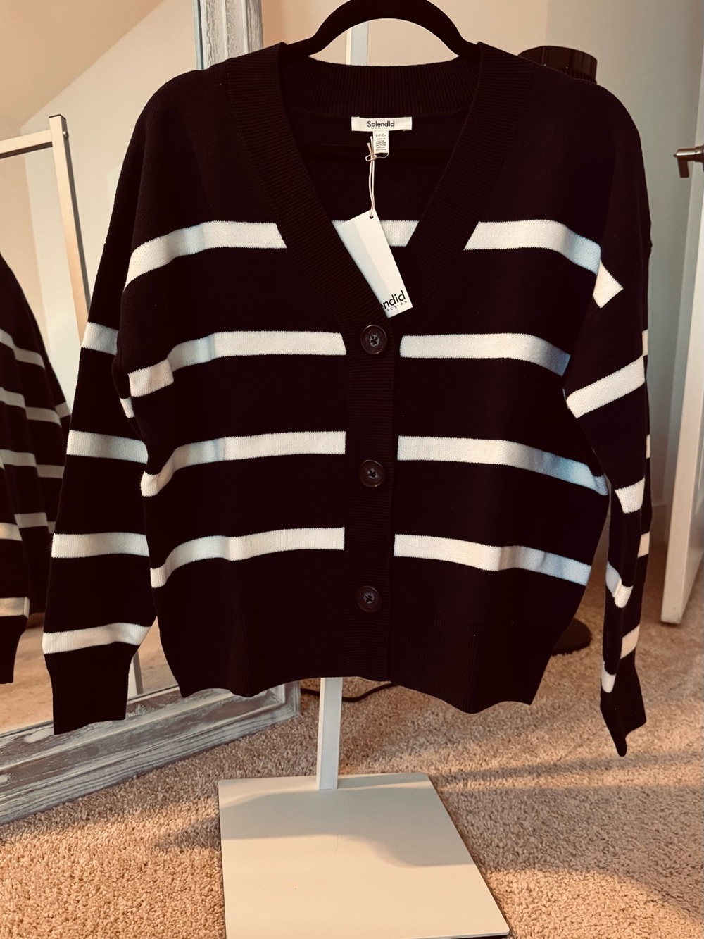 Splendid Navy Blue & White Striped V-Neck Button Front Cardigan